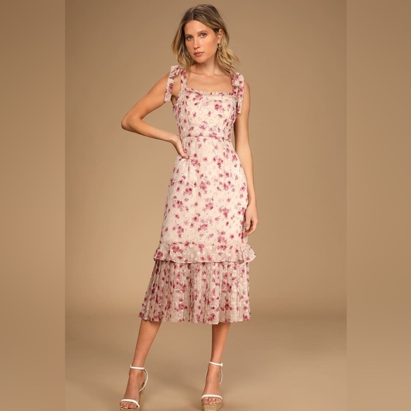Lulus Dresses & Skirts - 935. Terrace Views Taupe Floral Print Tiered Midi Dress